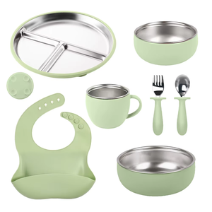 Wellfine trẻ em thực phẩm container trẻ em ăn uống Silicone thép không gỉ cách nhiệt đôi tường bé ăn Bát đặt - Product Image 1