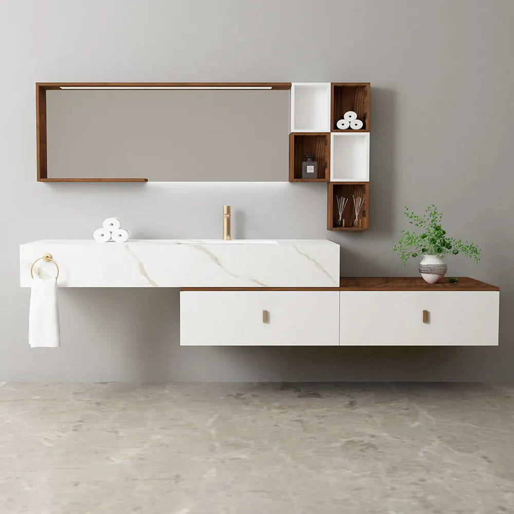 Mueble de baño moderno flotante con espejo, mueble de madera contrachapada blanca y marrón