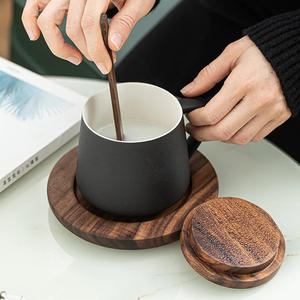Taza de té de café con agua WeWood de Vietnam, tapa abatible, taza de porcelana de cerámica, tapa de madera y posavasos - Product Image 5