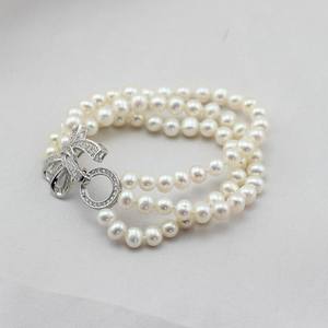 <b>Freshwater</b> <b>Pearls</b> <b>Bracelet</b> Nearly Round Multiple Rows Clean Flawless 5.5-6mm Three Rows <b>Pearl</b> Bangle - Product Image 4