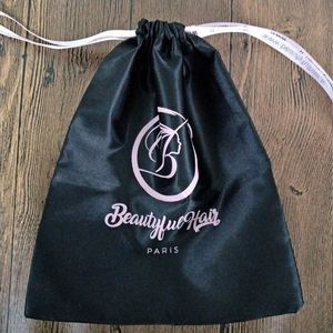 Custom Luxury Black Thick Silk Satin Eco-friendly Drawstring Gift Bag for Hair Extensions with Logo Printing - Product Image 1