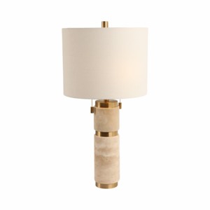 Lampada da tavolo moderna con base in travertino e paralume in tessuto a tamburo per camera da letto e soggiorno, elemento decorativo. - Product Image 2