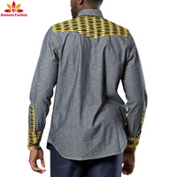 Camisa Vaquera Personalizada al por Mayor, Estampado Africano, Manga Larga para Hombre, Ropa de Tela de Cera con Parches, Prendas Superiores, Ropa al Precio Más Bajo
