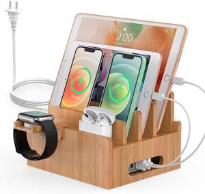 Bamboo <b>Charging</b> Stand Dock Organizer Multi-Device Cell <b>Phone</b> <b>Charging</b> <b>Stations</b> with 5 Cables No Power Charger Block for Storage - Product Image 6