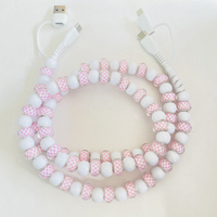 Câble de charge USB Type C 4 en 1 à carreaux roses et blancs avec perles, cordon de transfert de données multi-charge, accessoire de mode