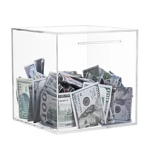 صندوق تخزين نقود أكريليك شفاف مربع الشكل لا بد من كسره لفتح علبة نقود كهدية للأطفال
