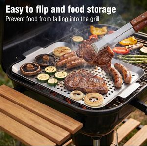 Juego de parrillas perforadas de acero inoxidable de grado alimenticio al por mayor <span class=keywords><strong>con</strong></span> asas anchas para cesta de asar verduras en barbacoas al aire libre - Product Image 5