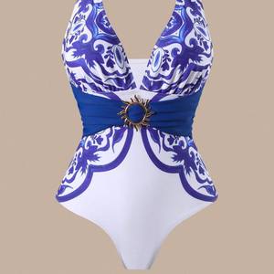 Baju Renang Mewah Satu Potong Berwarna Emas dengan Ikat Pinggang, Tank Bra Pinggang Tinggi Set 2 Potong Wanita dengan Rok Bermotif Serasi Anti-Bakteri Cepat Kering - Product Image 3