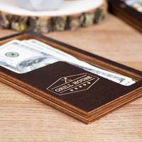 Porte-chèques vintage personnalisé en bois de contreplaqué avec design incurvé gravé, porte-reçus, porte-factures de restaurant