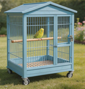 Jaula para Pájaros Móvil de Madera de Abeto Pintada en Azul Cielo, Moderna y de Lujo, con Ruedas Bloqueables para Fácil Desplazamiento, Apta para Interiores y Exteriores, Casa para Pájaros Pequeños - Product Image 1