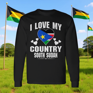 T-shirt a maniche lunghe I Love My Country Sud Sudan con design a cuore e bandiera - Product Image 3