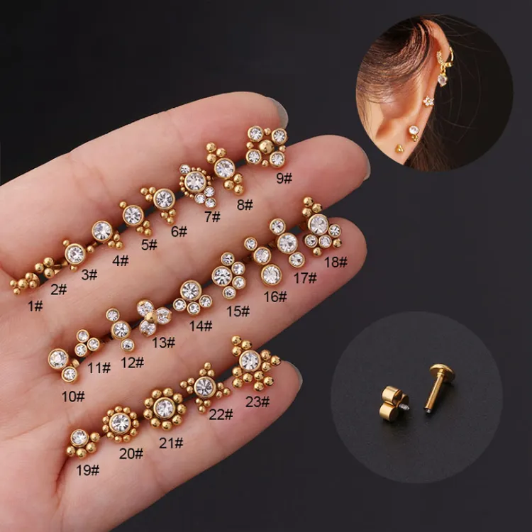 High quality trendy women jewelry flat screw back cartilage zircon earring stainless steel gold stud earring ear piercing