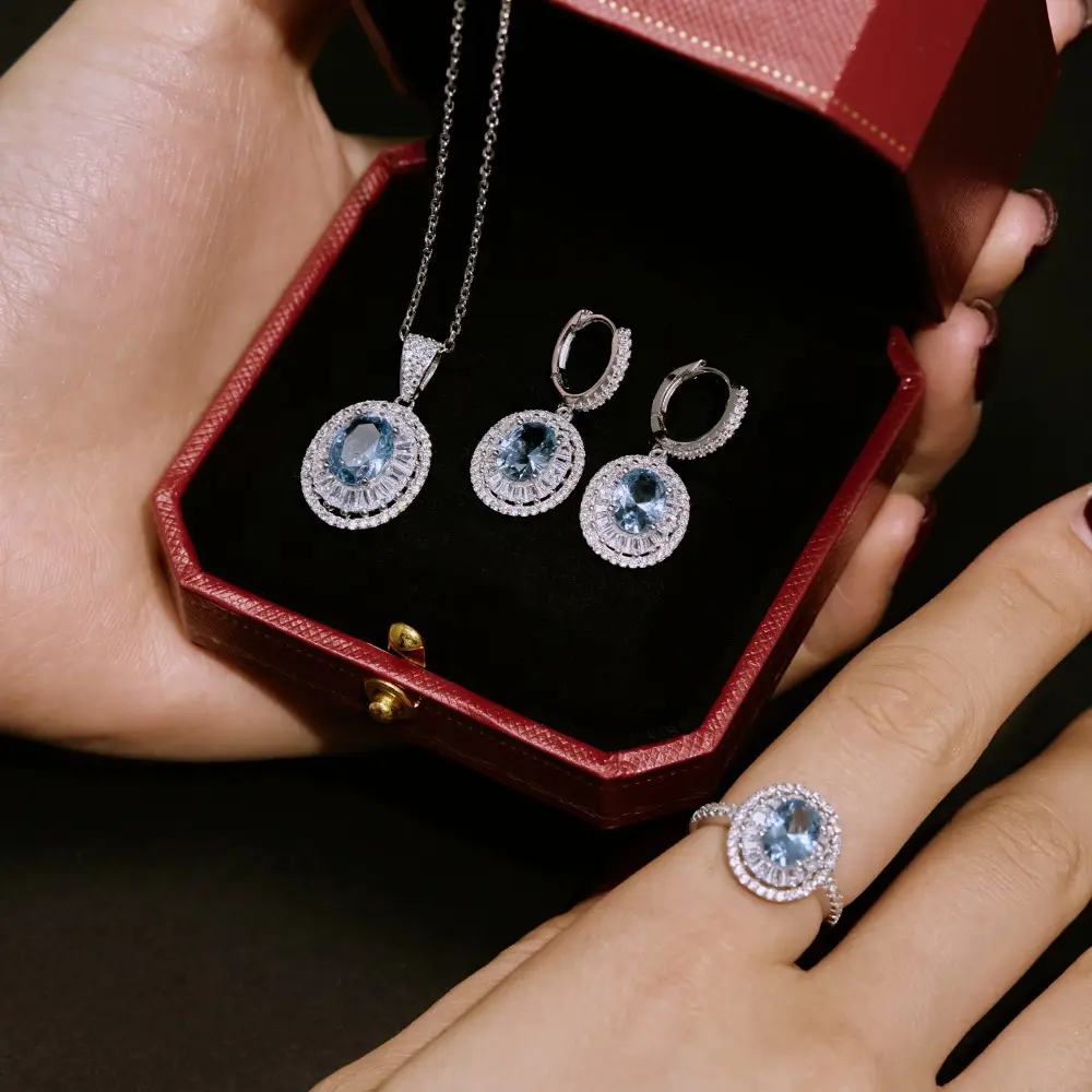 2023 New Luxury Wedding Set Blue Sapphire Zircon 925 Sterling Silver Rounded Bridal Necklace Earrings Jewelry Sets