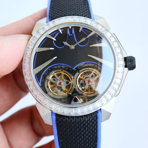 Montre-bracelet pour homme de luxe avec tourbillon, diamants, bracelet en nylon et caoutchouc contrastant bleu et noir, style urbain chic, décontracté, mécanique - Product Image 1