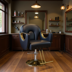 Chaise de coiffure Homeera noire avec garniture dorée, pompe hydraulique, repose-pieds réglable, chaise de barbier, mobilier de salon - Product Image 2