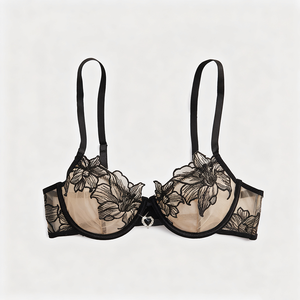Set pakaian dalam wanita, Lingerie hitam seksi wanita, Set pakaian dalam seksi renda bordir Motif bunga tipis, Bra kawat bawah & celana dalam dengan pakaian dalam seksi - Product Image 2