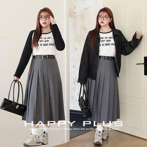 Ensemble pour femmes Runqi, veste en cuir taille plus, t-shirt à imprimé lettres, jupe plissée grise, tenue décontractée style universitaire N9048 - Product Image 2