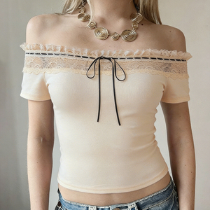 Women's Sweet Solid Color Lace <b>Patchwork</b> Collarless off Shoulder <b>Top</b> with Bow Tie Regular Fit Casual Summer Short Sleeve - Product Image 1