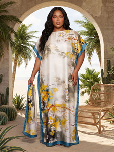 Robes Caftan pour Femmes en Satin Imprimé Grande <span class=keywords><strong>Taille</strong></span> Col Rond Kaftan Maxi Robe de Plage Cache-maillot - Product Image 6