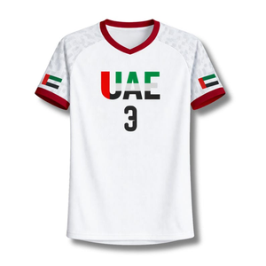 Maglia Sportiva degli Emirati Arabi Uniti # 3 – Maglietta da calcio bianca con logo dell'EAU e bordi rossi - Product Image 1