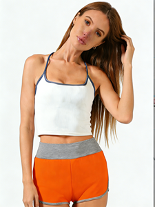 Ensemble 3 pièces : Crop top côtelé à bretelles + Short de yoga taille haute (Noir/Blanc/Orange) Respirant, taille élastique - Product Image 4