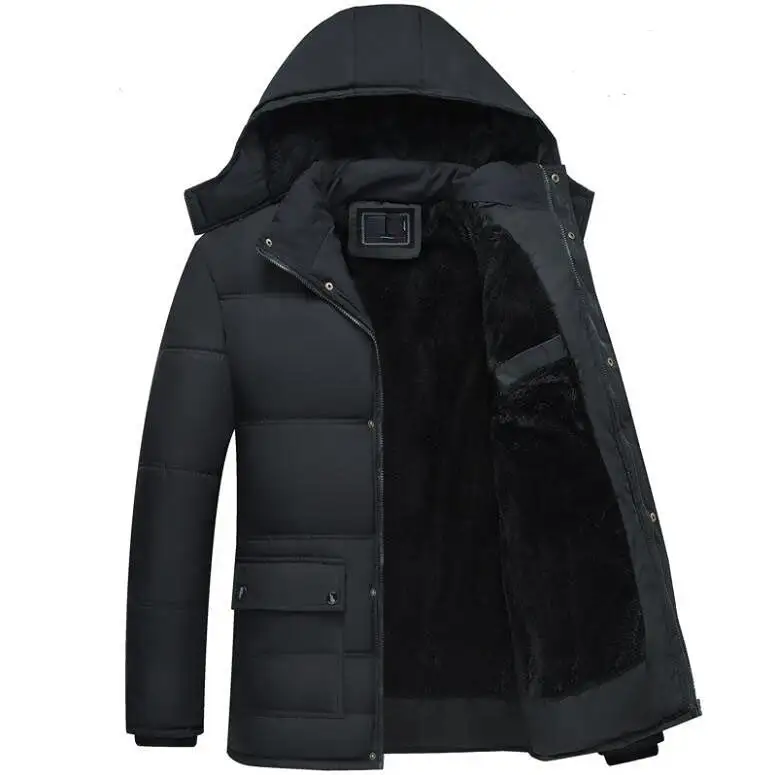 Black Winter Jacket Men Thick Parkas Casual Jackets Windproof Warm Winter Coat Mens Hooded Fleece Middle-aged Male Outwear