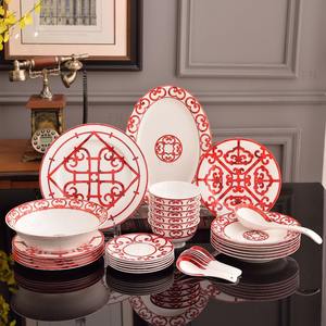 Service de table en céramique vintage pour 6 personnes, design rouge, assiettes en porcelaine, bols à soupe, cuillères avec logo personnalisé - Product Image 2