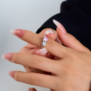 Double Heart Open Ring Pink White Color <b>Block</b> Adjustable Index Finger Ring Prong Setting Luxury Jewelry Gift - Product Image 2