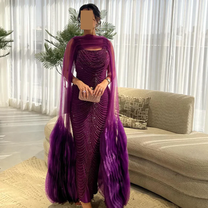 Abito da sera <span class=keywords><strong>viola</strong></span> di lusso su misura Serene Hill con perline e maniche a mantella, set due pezzi da donna - Product Image 6