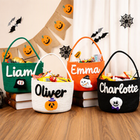 Panier de rangement portable en corde de coton orange avec poignée, sac cadeau écologique en corde pour bonbons d'enfants, sac citrouille pour enfants