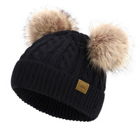 Gorros de Invierno para Niños al por Mayor, 100% Algodón, Tejidos a Crochet, con Doble Pompón de Piel Sintética, Etiqueta Personalizada, Gorros para Bebés