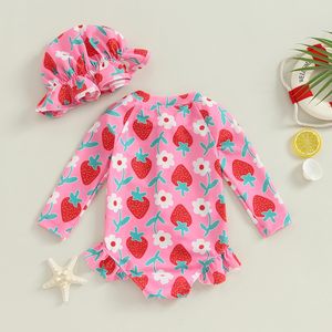 Long Sleeve <strong>Toddler</strong> Girl Swimsuit Hat Floral Ruffle Zipper Leopard Rash Guard Swimwear for Sun Protection Baby <strong>Swimming</strong> <strong>Costume</strong> - Product Image 4