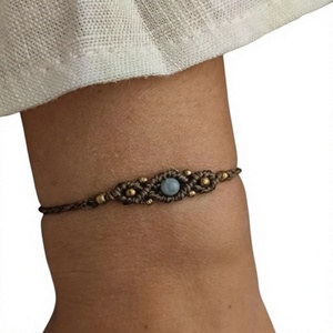Boho Macrame <b>Bracelet</b> With Blue Natural Stone And <b>Gold</b> <b>Beads</b> Adjustable For Everyday Wear Unisex Style - Product Image 1