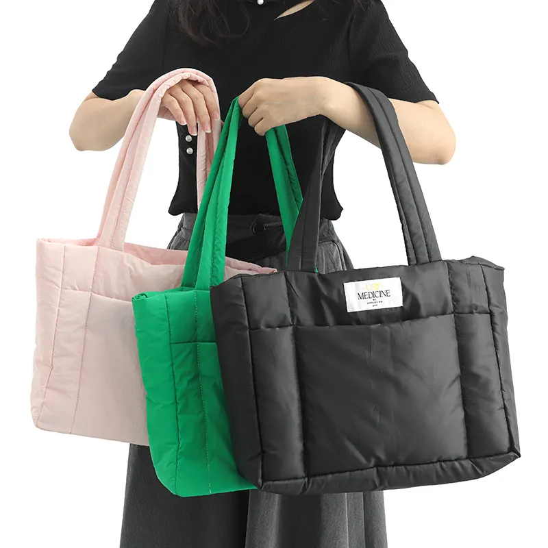 לוגו מותאם אישית רך קל משקל ניילון המשאף נשים Shopper כתף תיק עם כיס קדמי