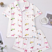 Nouvel ensemble pyjama cardigan imprimé pour femme, col à revers, manches courtes, short – Polyester Terylene style européen-américain