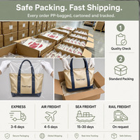 Sac fourre-tout en toile de coton bleu marine moyen avec logo imprimé personnalisé, poignée longue et imprimé rayé pour le voyage, fabrication OEM directe d'usine