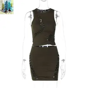 Summer New Fashion Hollow Out O-neck Sleeveless Top And Short Skirt 2 Piece Set Solid Bodycon Casual For Women