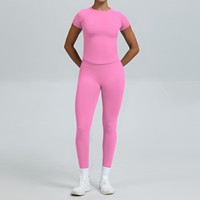 Ensemble de yoga sans couture uni, séchage rapide, coupe ajustée, avec haut à manches courtes et leggings sculptants à effet ventre plat, pour femme, vêtements de sport