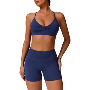 Conjunto Deportivo de Dos Piezas para Mujer: Sujetador Deportivo Fruncido con Espalda Cruzada y Shorts de Cintura Alta a Juego, Ideal para Yoga y Gimnasio, con Spandex que Absorbe el Sudor - Product Image 1