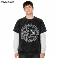 T-shirt Acid Wash Oversize Streetwear Noir Délavé Deux Pièces Manches Longues Imprimé Cercle Fil Barbelé Effet Vieilli
