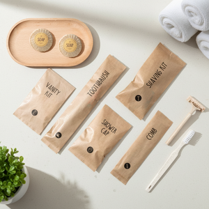 Kit d'articles de toilette jetables écologiques pour hôtel, personnalisable, biodégradable, pour voyage, comprenant un kit dentaire, un kit de rasage, des cotons-tiges portables - Product Image 5