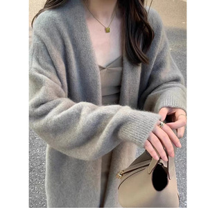 [Brand] Knitted Cardigan Mid Length Gray Simple Elegant Autumn Coat Women's Sweater Loose Fit Warm Solid Color - Product Image 2