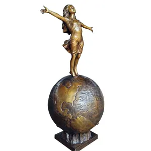 Life Size Bronze Girl Standing on Globe Statue Brass Children Sculpture