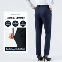 Pantalon de bureau pour femme, bleu saphir, coupe droite, taille mi-haute, poches obliques, taille élastique au dos, extensible, personnalisé pour l'hôtellerie