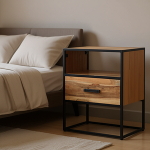 Comodino Moderno in Legno con Struttura in Metallo, 1 Cassetto, Arredamento Camera da Letto Stile Industriale - Product Image 2