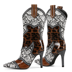 Botines de tacón alto con estampado de serpiente y patchwork de colores, talla grande 44 para mujer, con diamantes y cremallera lateral. - Product Image 4