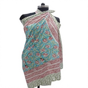 Summer Beach Pareo Golden Silk Border <b>Sarong</b> Handmade Cotton Scarf with Bagru Print Unique Gift for Her - Product Image 1