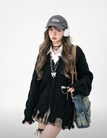 Cardigan zippé en tricot torsadé effet vieilli |   Pull oversize à col en V avec bords effilochés, style universitaire doux et branché pour femme