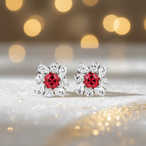Orecchini a lobo E2940 in oro bianco con rubino, design floreale, montatura a griffe, gioielli classici da donna con cristalli per matrimonio - Product Image 2