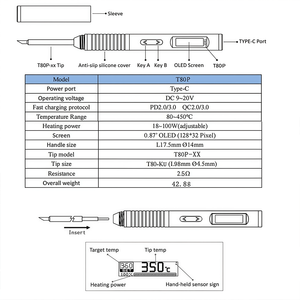Soldador Inteligente ALIENTEK T80P de 100W con Carga Rápida Tipo-C PD/QC y Pantalla OLED 80-450 ℃   14mm Slim 42.8g para Reparación de PCB y <span class=keywords><strong>Drones</strong></span> DIY - Product Image 4
